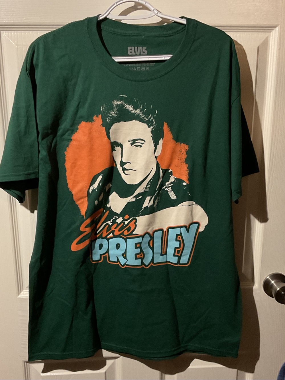 Elvis Presley Dark Green Graphic Tee with Orange and Light Blue Print